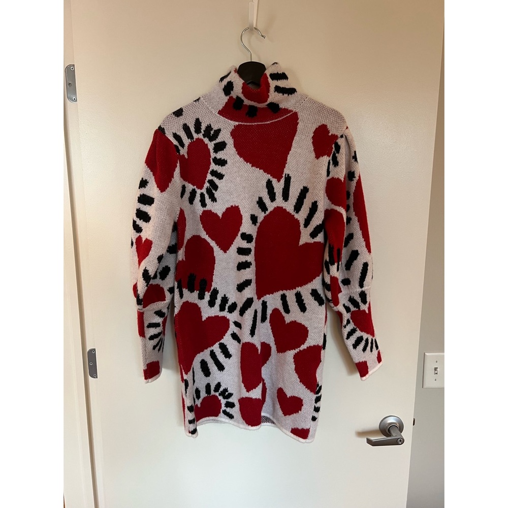 Farm Rio, heart patterned, mini sweater dress, turtle neck, size small